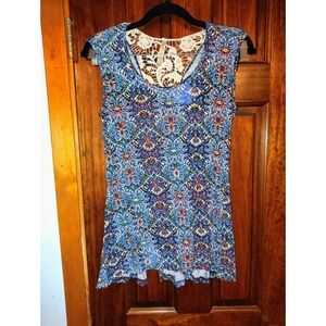 Chic Boho Crochet Lace Back Sleeveless Top Blue Floral Print Women's S